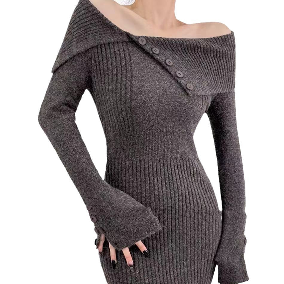 winter outfits women Sexy off-Shoulder Lapel Knitted Dress Autumn and Winter Women's Sweater Slim Hip Skirt