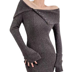 winter outfits women Sexy off-Shoulder Lapel Knitted Dress Autumn and Winter Women's Sweater Slim Hip Skirt