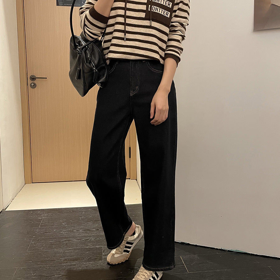tailgate outfit black women Black High Waist Jeans Winter Loose Slimming Flocking Warm Wide Leg Pants