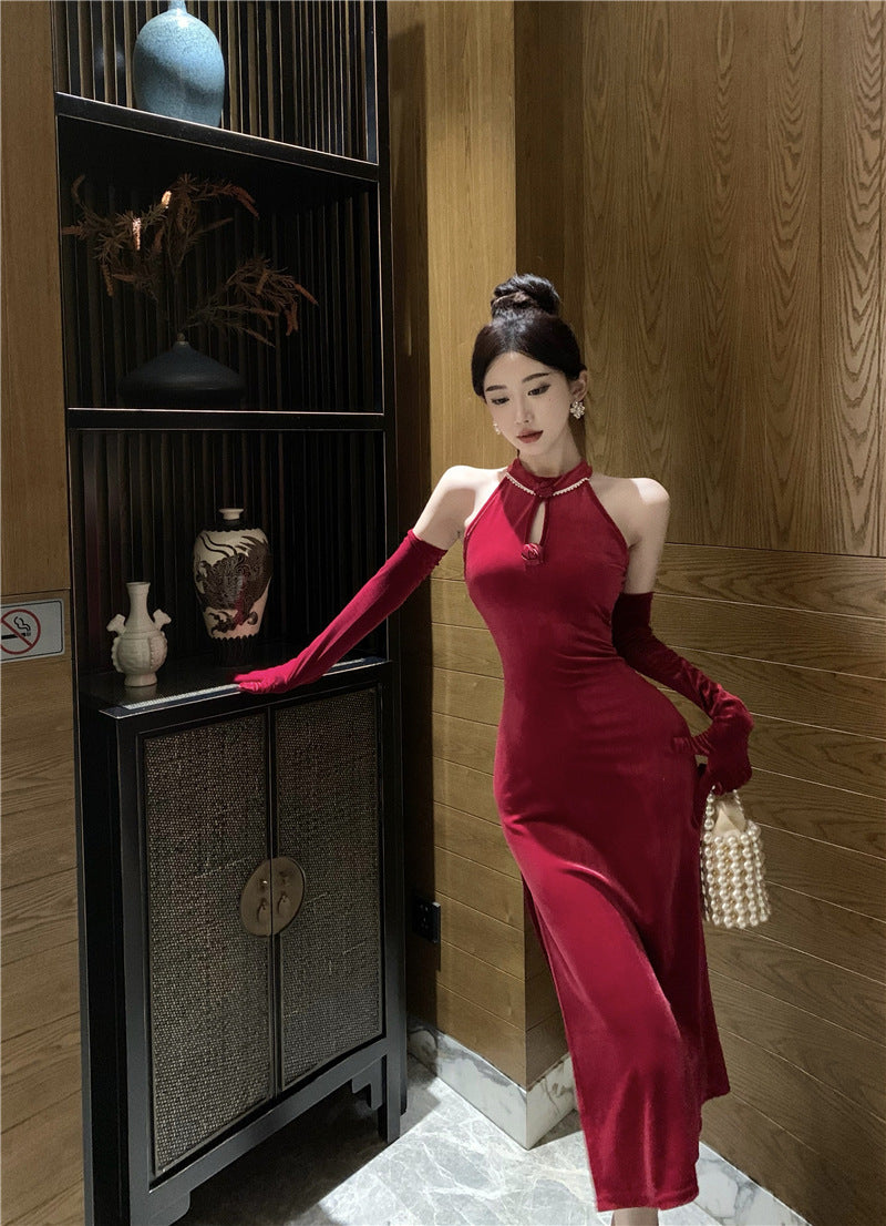 dress to impress outfits Banquet Host Auto Show Dress Long Dress Improved Cheongsam Dress Sexy Split Halter Velvet Dress
