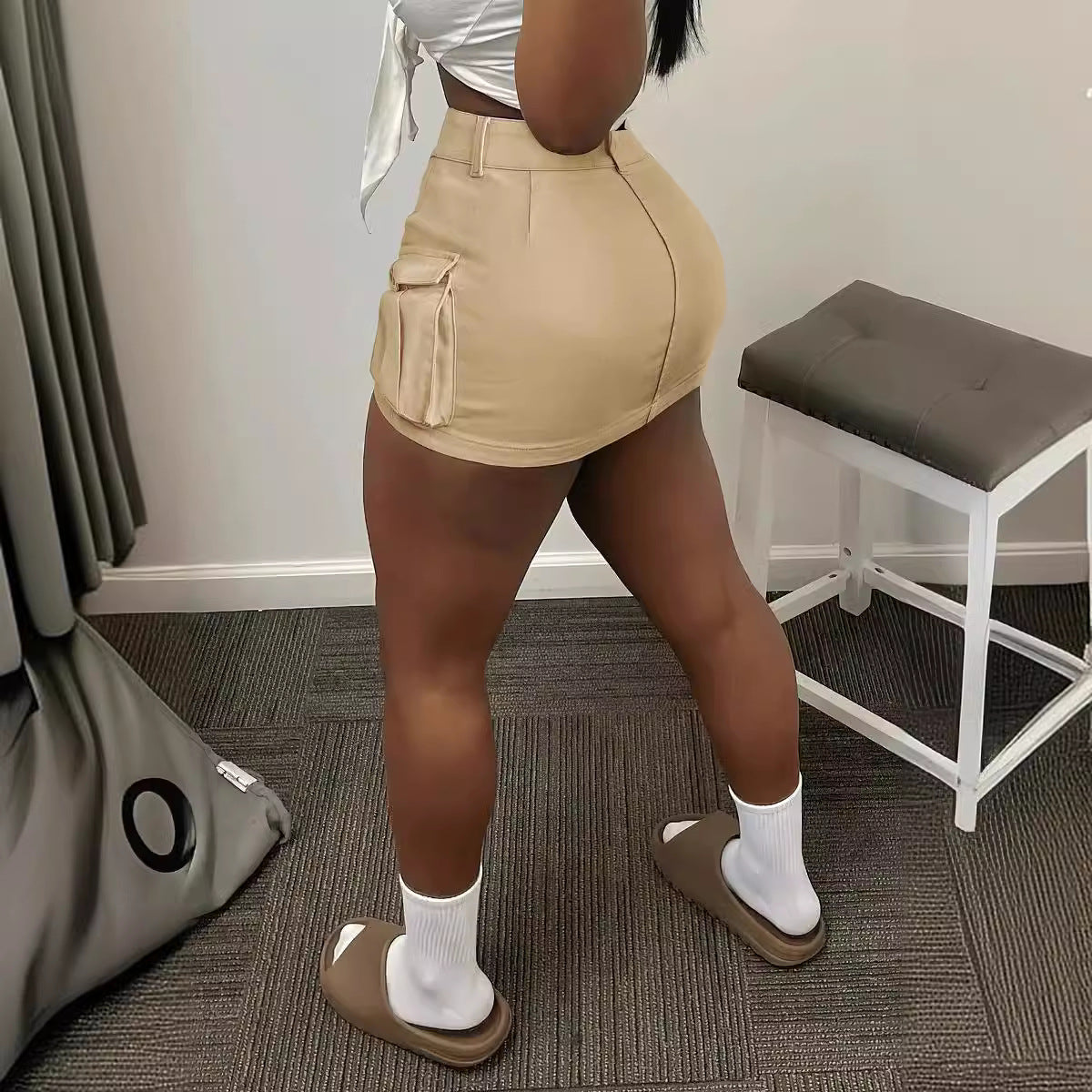 leapord halloween outfit INS Internet Celebrity High Waist Slimming Solid Color Sexy Ultra Short Pocket Workwear Skirt