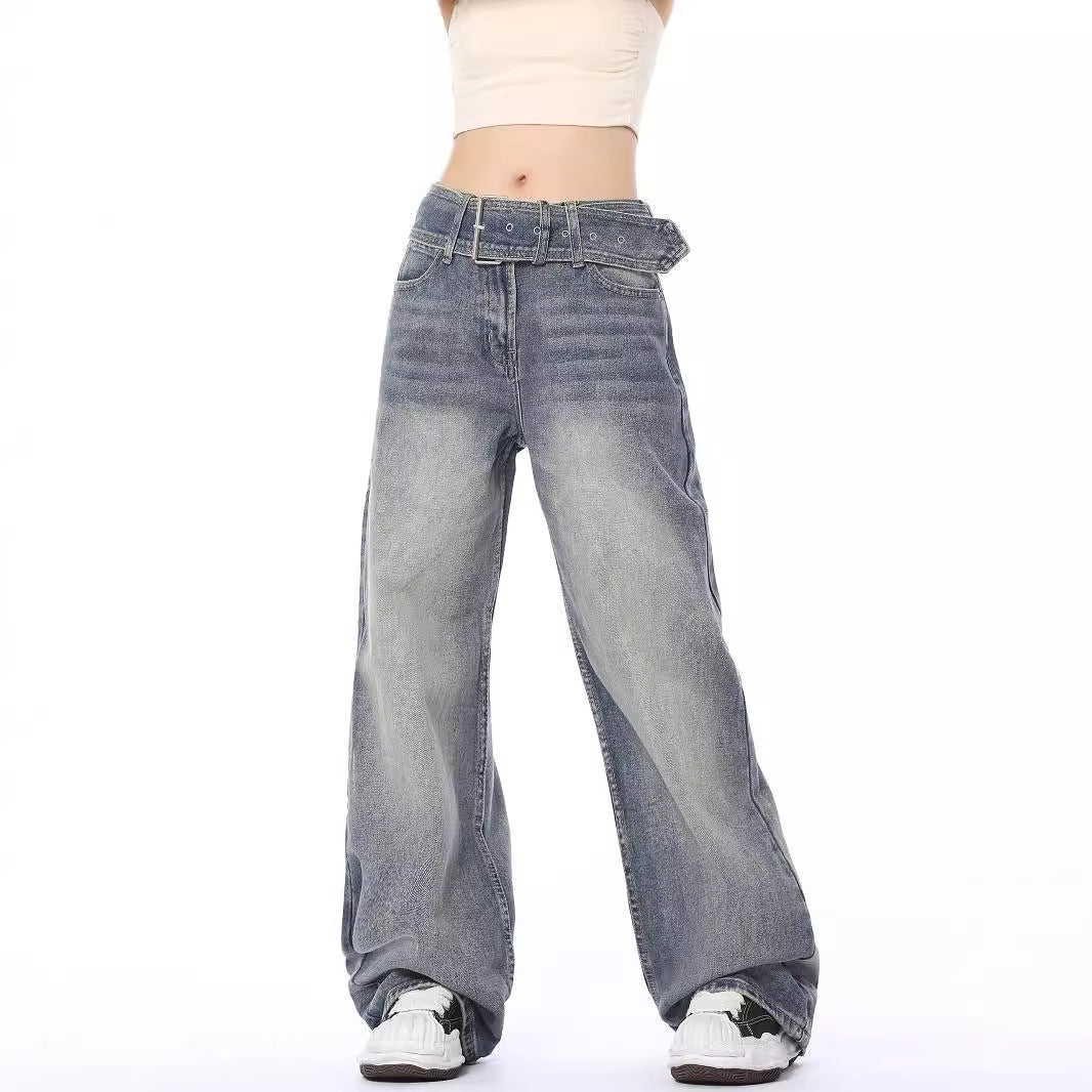 y2k outfits Retro Niche Belt Jeans Women's American Retro Loose Fashion Straight Washed Jeans