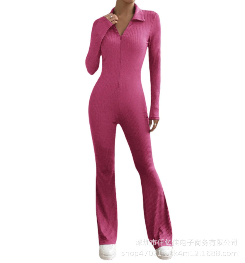 dream clothes Women's Long-Sleeved Zipper Jumpsuit Shirt Collar Hip Lifting Slim-Fit Sexy Flared Trousers Jumpsuit