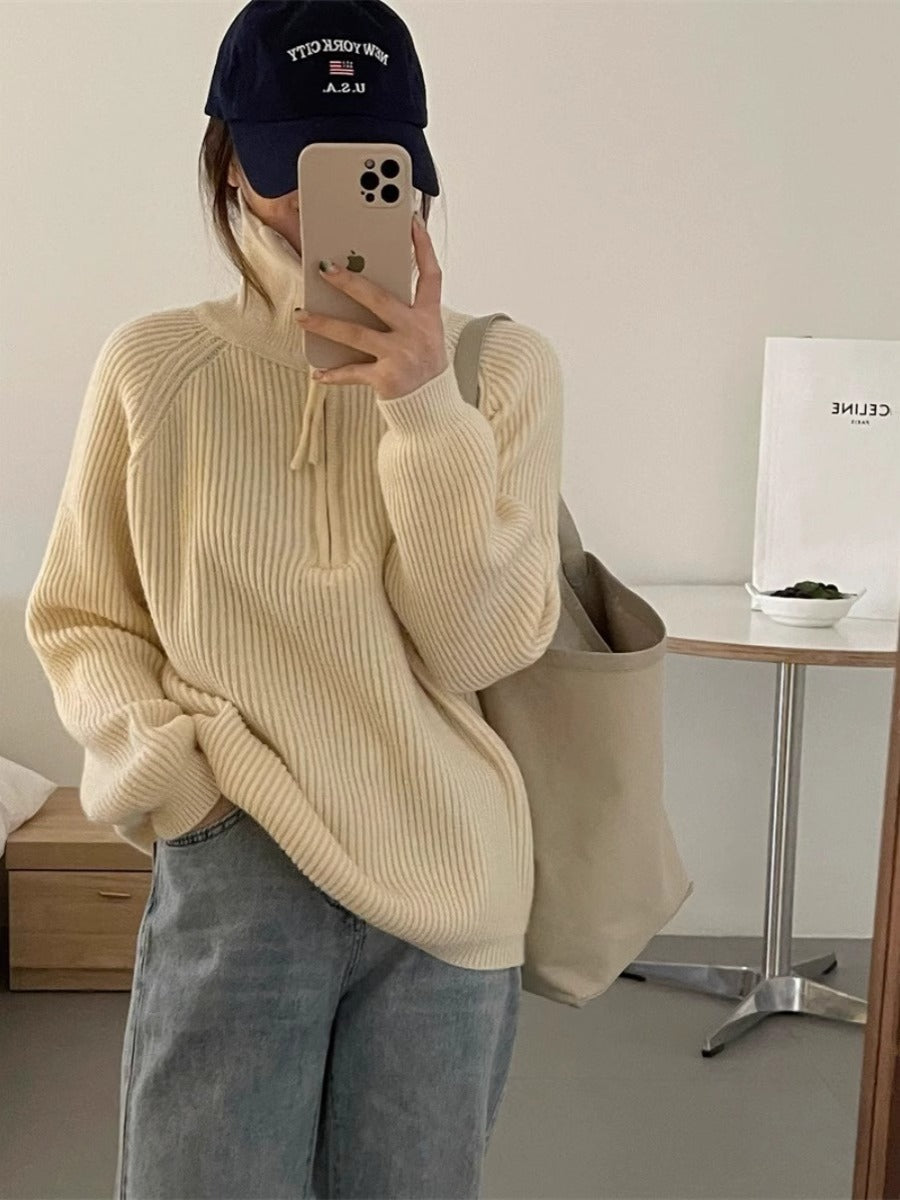 clothes Korean Style Half Zipper Sweater Women's Autumn and Winter New Style Pit Design Sense Stand Collar Soft Glutinous Loose Outer Wear Sweater Top