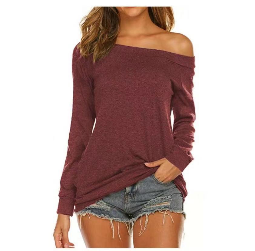 2000s fashion Spring and Summer Women's Long-Sleeved off-Shoulder Solid Color Top T-shirt
