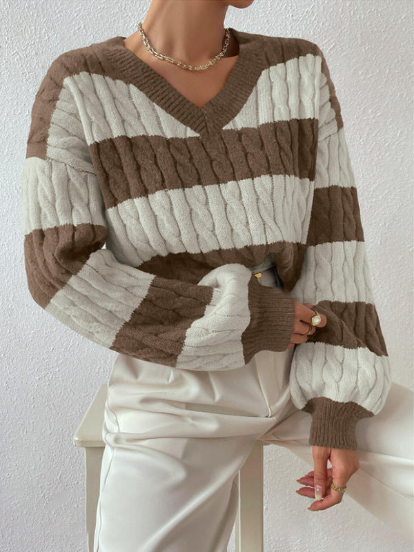 sambas outfits Autumn and Winter Lazy Style New Knitwear Loose Fashion Women's V-neck Retro Contrast Color Striped Sweater