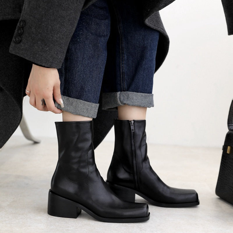 barn jacket outfits Genuine Leather French Style Square Toe Fried Street Small Boots Women's Mid-Calf Boots Thick Heel Martin Boots Autumn and Winter Thin Boots Women's Ankle Boots