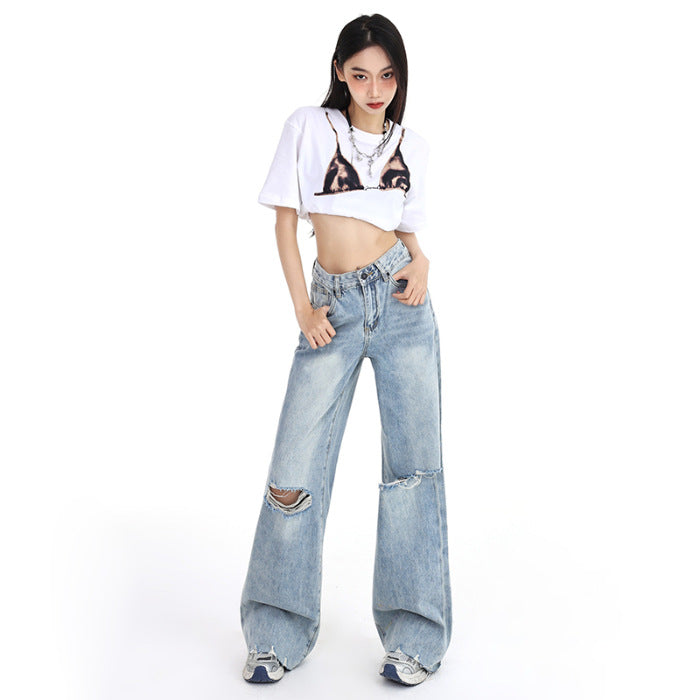 summer outfits inspo Spring and Summer New American Retro Loose Wide-Leg Pants Tassel Trendy Cool Straight Ripped Jeans for Women Jeans