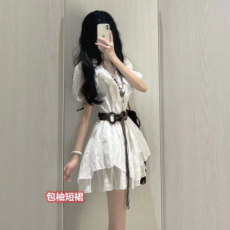 halloween costumes Small French Style White Short-Sleeved Dress Short Leather Coat Women's Sweet Summer Short Skirt Suit