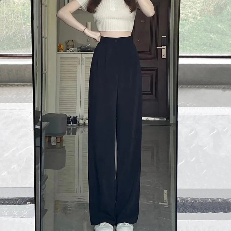 buisness casual women outfits chic Gray Wide-Leg Pants for Women Spring and Summer High Waist Draping Loose Straight Mop Pants Slim Casual Suit Pants