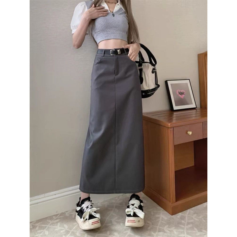 business casual outfits Gray A- line Skirt for Women plus Size Chubby Girl High Waist Slimming Mid-Length Suit Skirt for Summer