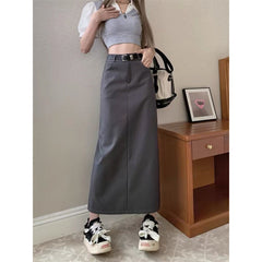 business casual outfits Gray A- line Skirt for Women plus Size Chubby Girl High Waist Slimming Mid-Length Suit Skirt for Summer