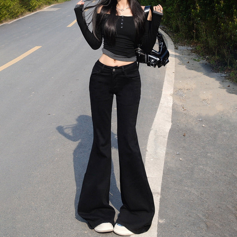 casual dinner outfit fall Autumn and Winter American Low Waist Thin Velvet Jeans Hot Girl Slim Elastic Slimming Flared Pants