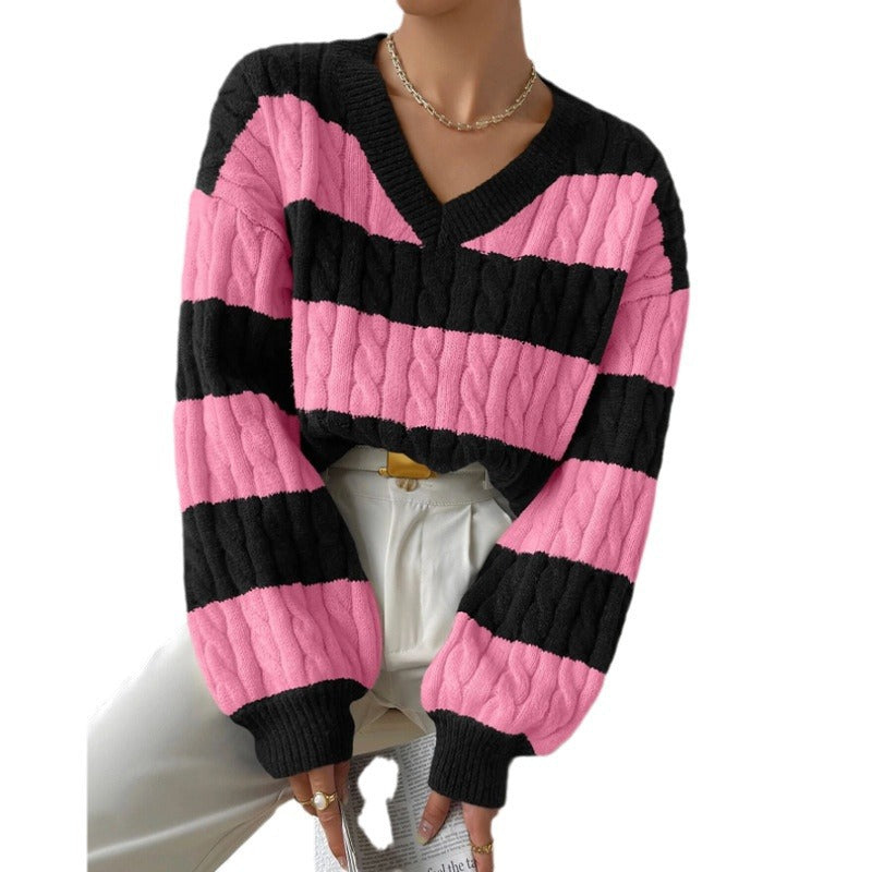 sambas outfits Autumn and Winter Lazy Style New Knitwear Loose Fashion Women's V-neck Retro Contrast Color Striped Sweater