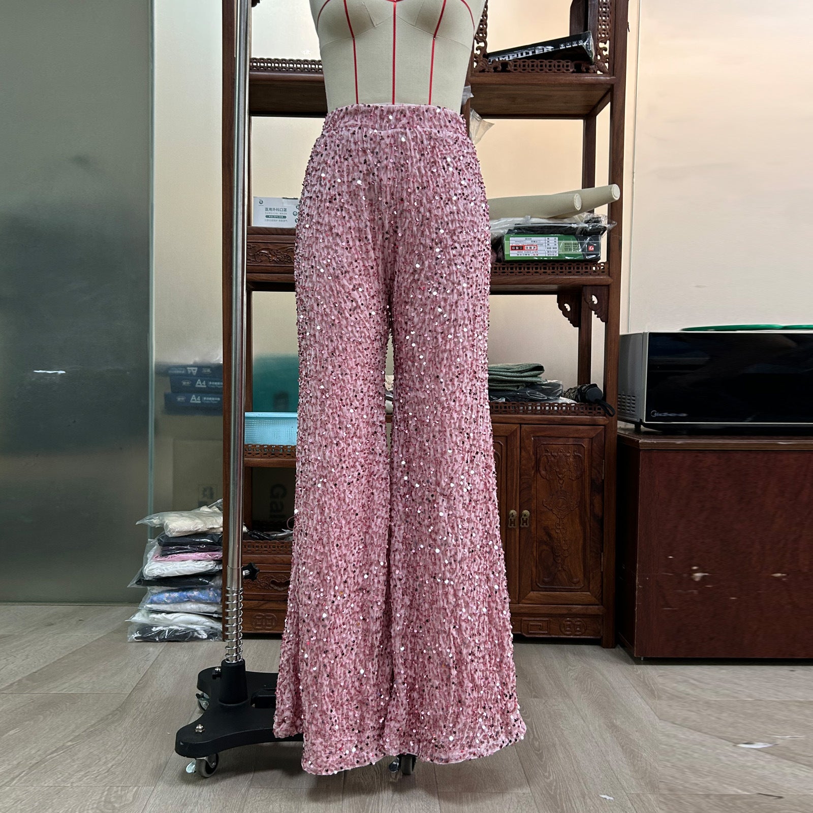 Summer High Waist Slimming Trousers Women Solid Color Sequins Fashion Casual Wide Leg Pants Women