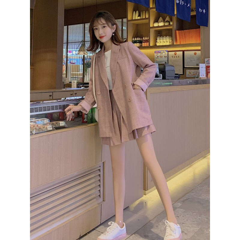 tyler the creator outfits Pink Plaid Suit Jacket for Women Spring and Autumn Western Style Loose Small Suit + Pleated Skirt Fashion Two-Piece Suit
