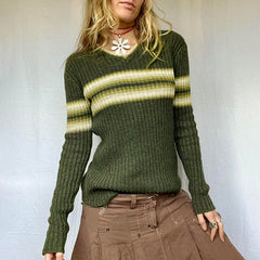 knitted Retro Striped Contrast Color Sweater Preppy Style Slimming Casual V-neck Hot Girl Woolen Pullover