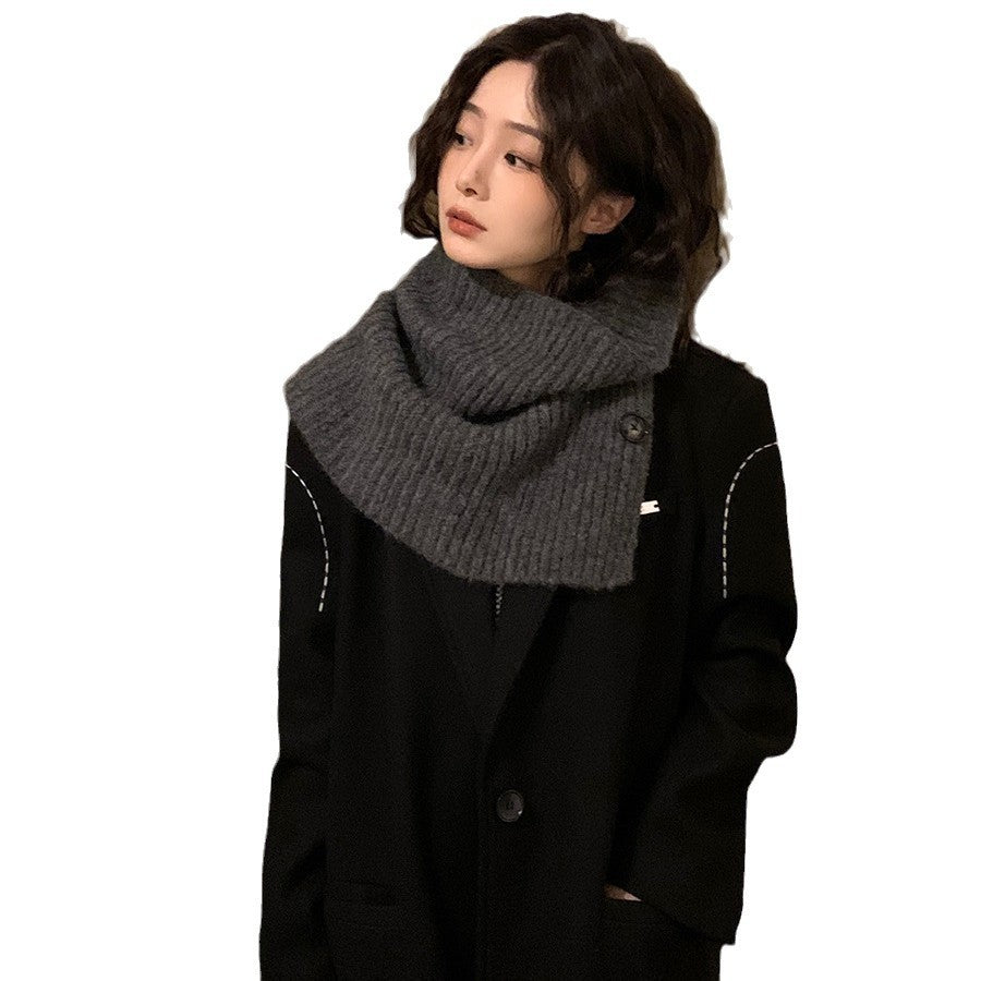 winter outfits women Dark Green Wool Pullover Shawl Button Scarf Collar Women's Autumn and Winter Scarf Korean Style Solid Color Neck Protection Knitted Shawl