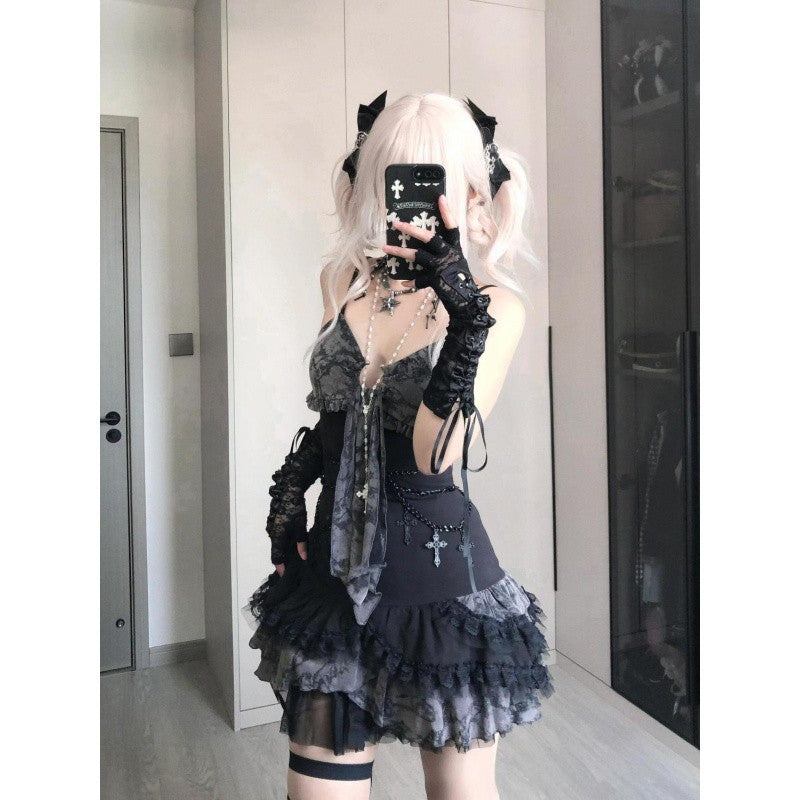 y2k outfits Summer Fashion Hot Girl Asian Culture Slimming Contrast Color Suspender Skirt New Design Sense Lace Stitching Dress Women