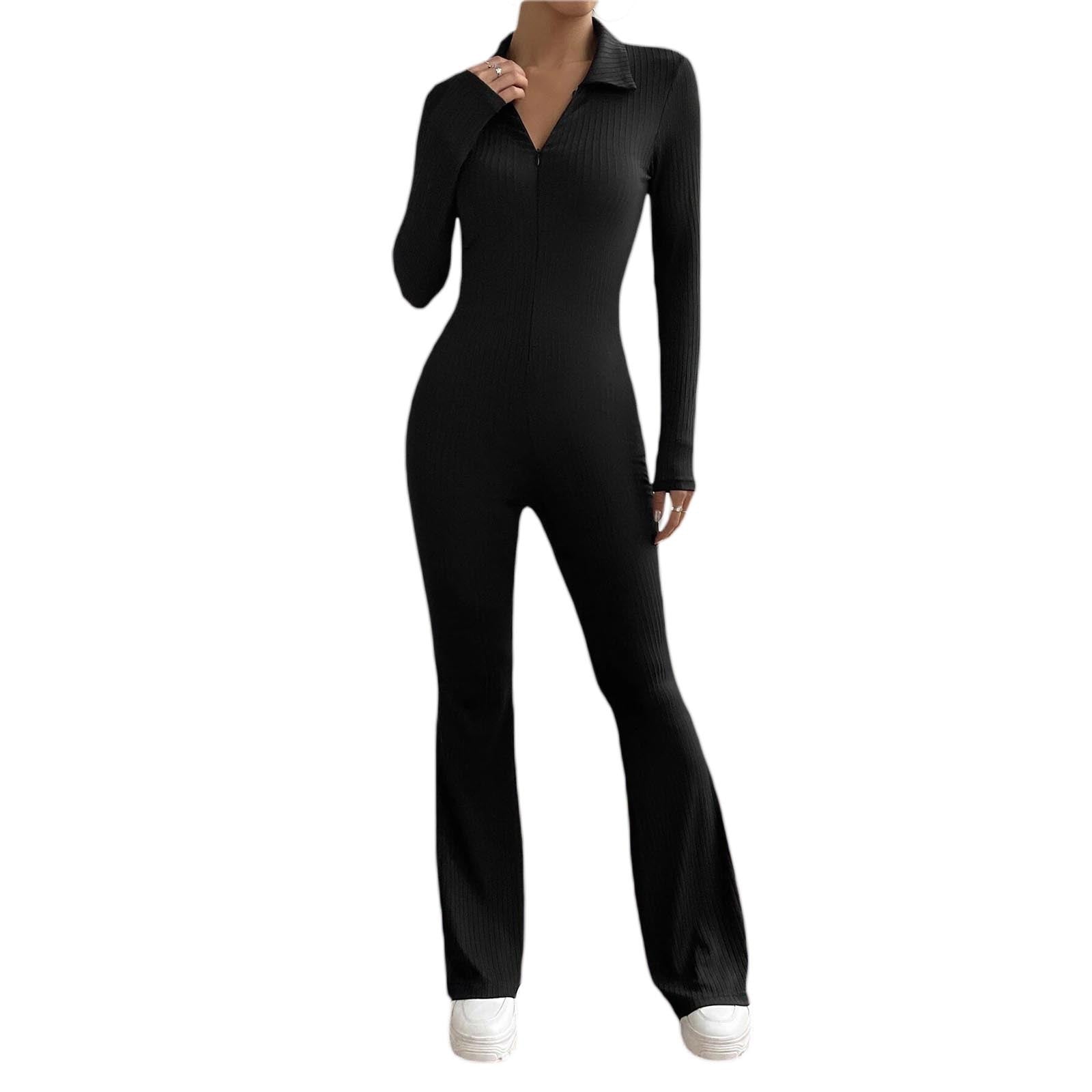 dream clothes Women's Long-Sleeved Zipper Jumpsuit Shirt Collar Hip Lifting Slim-Fit Sexy Flared Trousers Jumpsuit