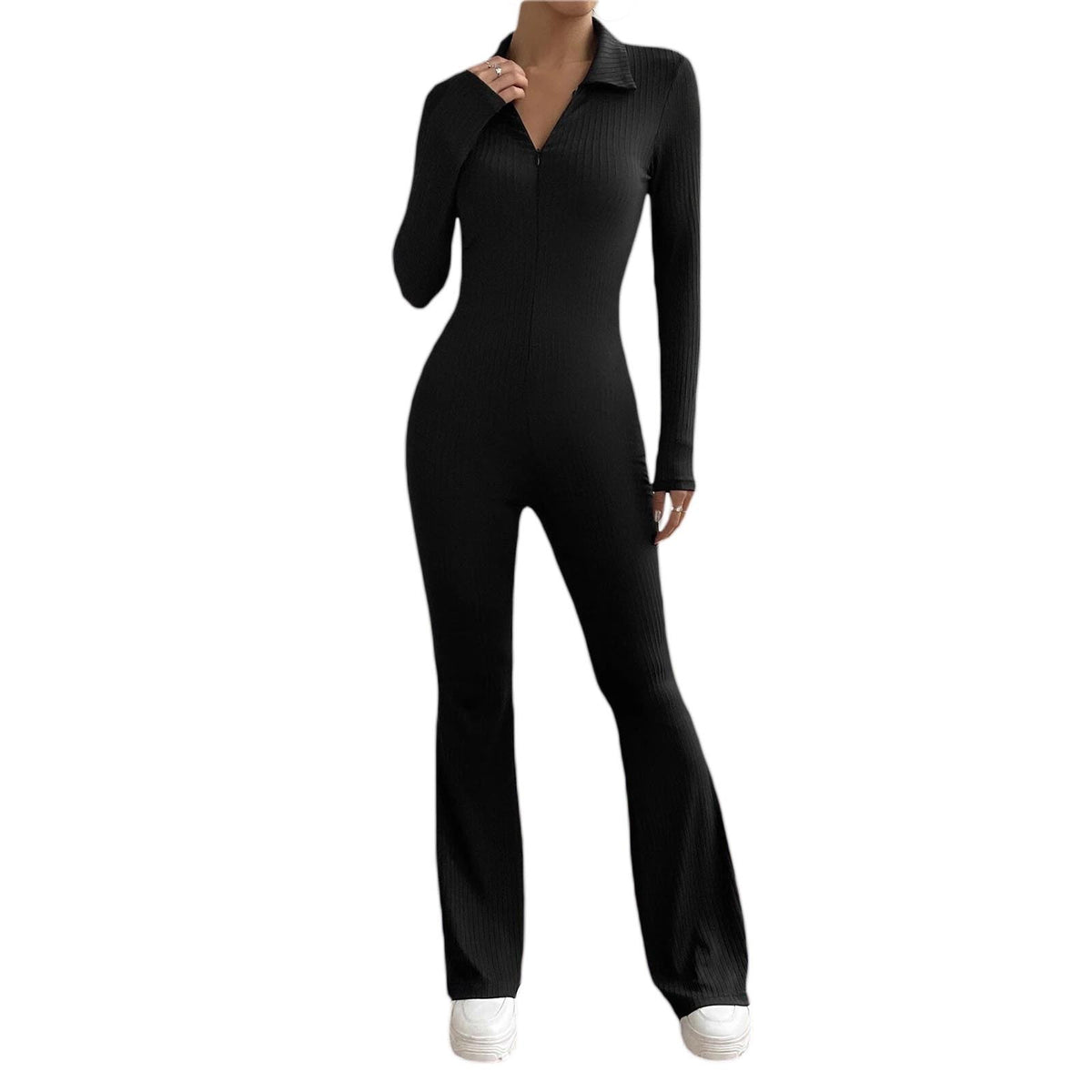 dream clothes Women's Long-Sleeved Zipper Jumpsuit Shirt Collar Hip Lifting Slim-Fit Sexy Flared Trousers Jumpsuit