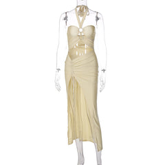 funky yellow sunglasses Women's Summer New Solid Color Wrapped Chest Halter Lace-up Ring Connection Hollow Slit Dress