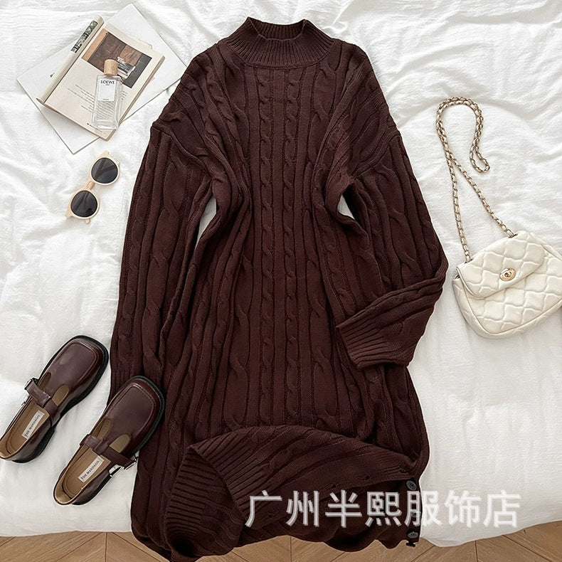 long sweater dress outfit Lazy Style Thick Twist over-the-Knee Sweater Dress Women's Winter Mid-Length round Neck Thickened Knitted Dress