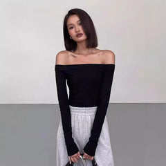 leapord halloween outfit off-Shoulder Cropped Top Women's Long Sleeve Sexy High Waist Ultra Short Korean Style Autumn and Winter Tight Bottoming Shirt T-shirt