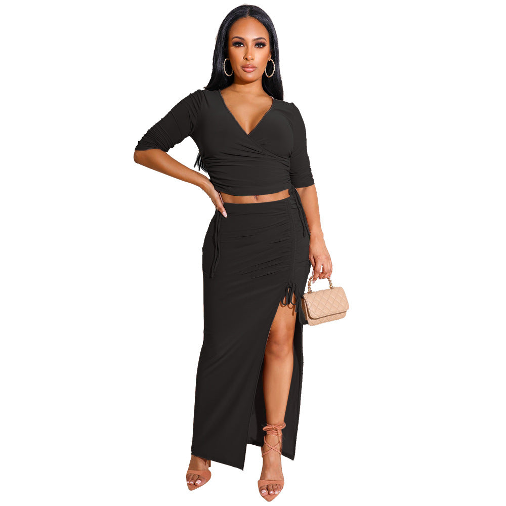 frat outfits Pleated V-neck T-shirt High Slit Drawstring Skirt Fashion Two-Piece Set