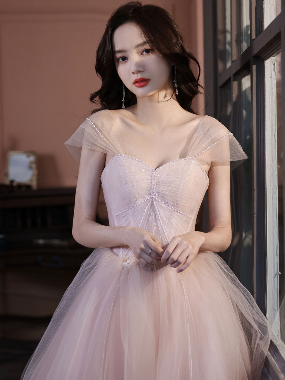 BXOXO A Line Off Shoulder Pink Long Prom Dress, Pink Graduation Dress with Beading Lace