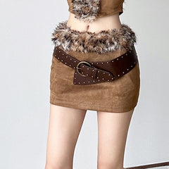 y2k outfits Waste Soil Tribal Sense Furry Stitching Suit Women's Hot Girl Slim Backless Tube Top Low Waist Hip Slimming Skirt