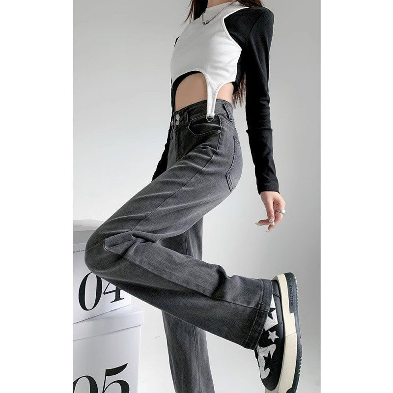 2000s fashion Retro High Waist Straight Jeans Women's Autumn New Narrow Wide Leg Pants Black Gray Slimming Pipe Pants