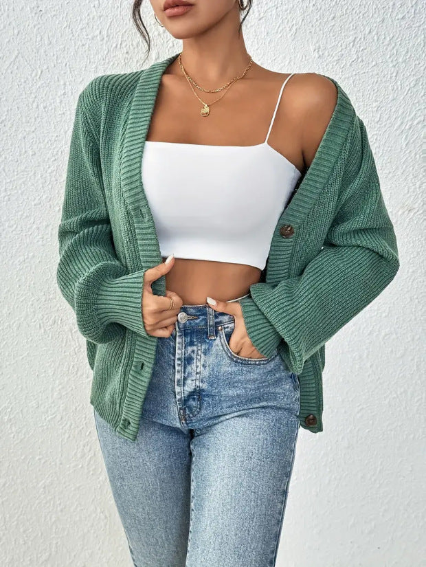 fall outfits women Women's Sweater V-neck Cardigan Autumn and Winter Solid Color Sweater Casual Knitted Coat