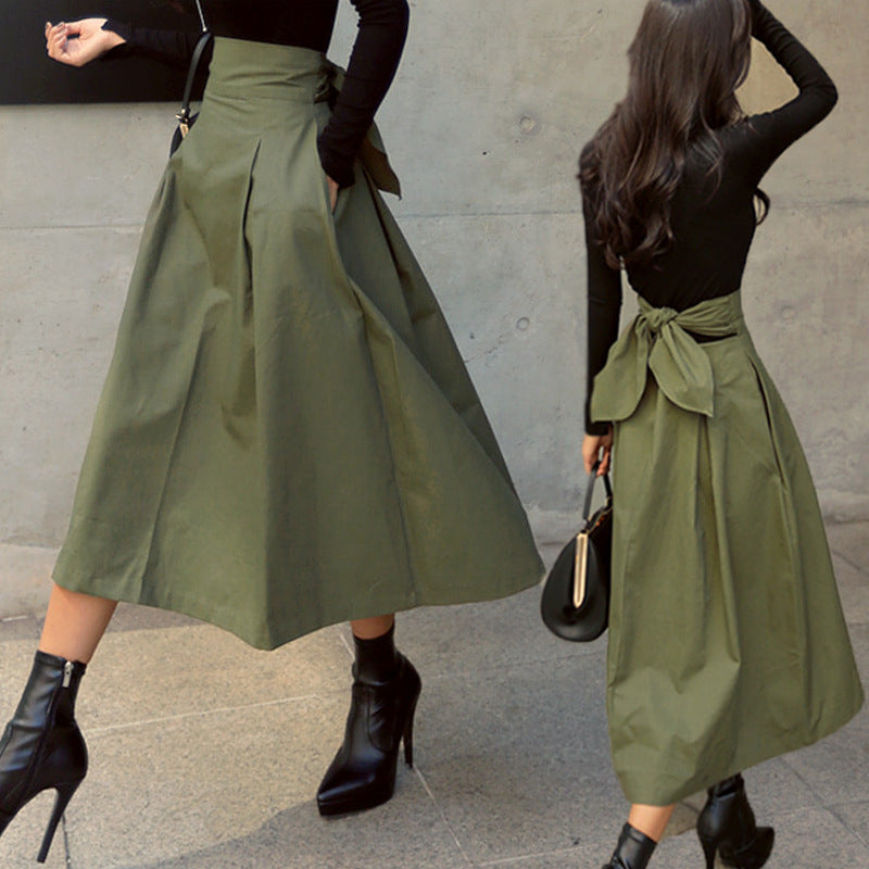 fashion outfits Women's Spring Women's Solid Color Skirt A- Line Umbrella Skirt Bow Waist Large Swing Dress