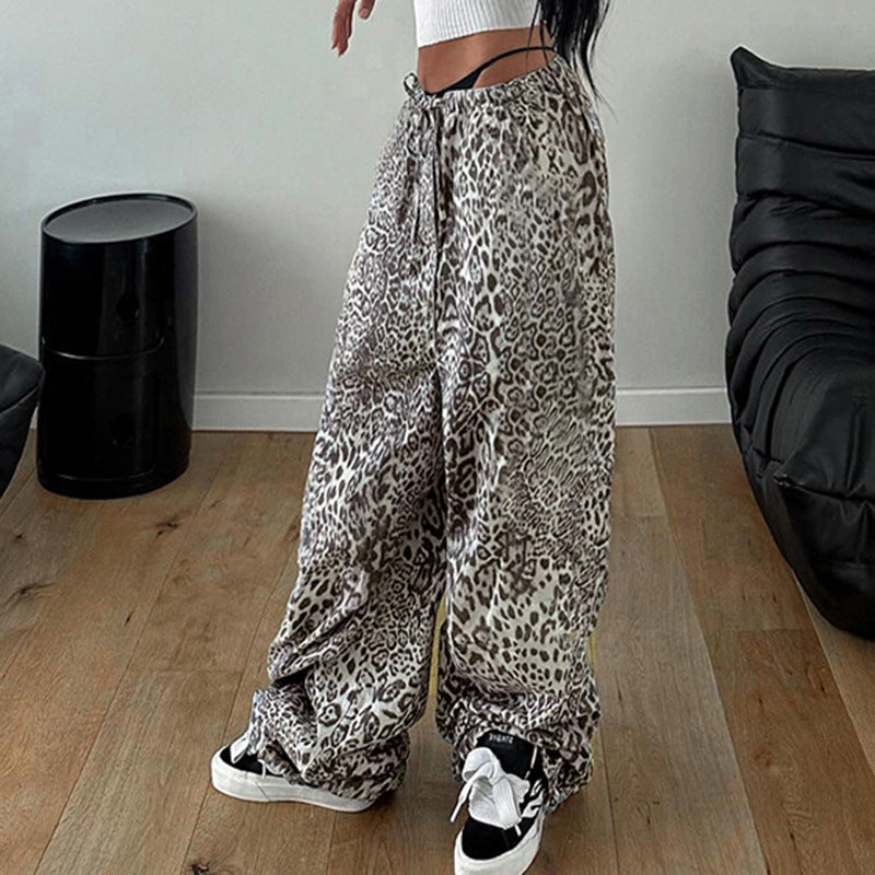 brunch outfit fall Street Casual Loose Lace-up Leopard Print Pants American Retro Slimming Straight Wide Leg Pants for Women