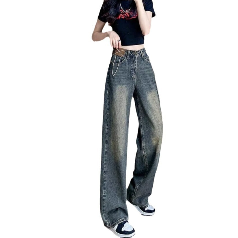 guys clothing styles American Retro Distressed Washed Jeans Women's Autumn Draping Straight Trousers Loose Slimming Wide-Leg Pants Fashion