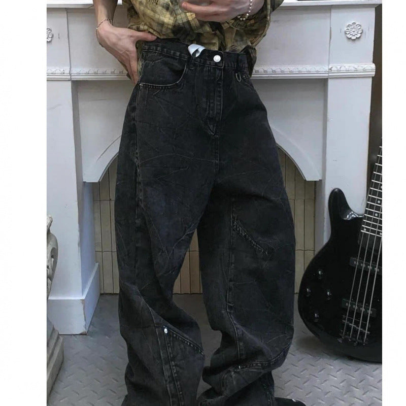 grunge dti American Retro Structural Design Split Workwear Jeans Men's and Women's Early Autumn Waste Soil Style Street Hot Girl Wide Leg Trousers