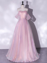 BXOXO DRESS TO IMPRESS A-Line Sweetheart Neck Tulle Sequin Pink Long Prom Dress, Pink Tulle Formal Dress