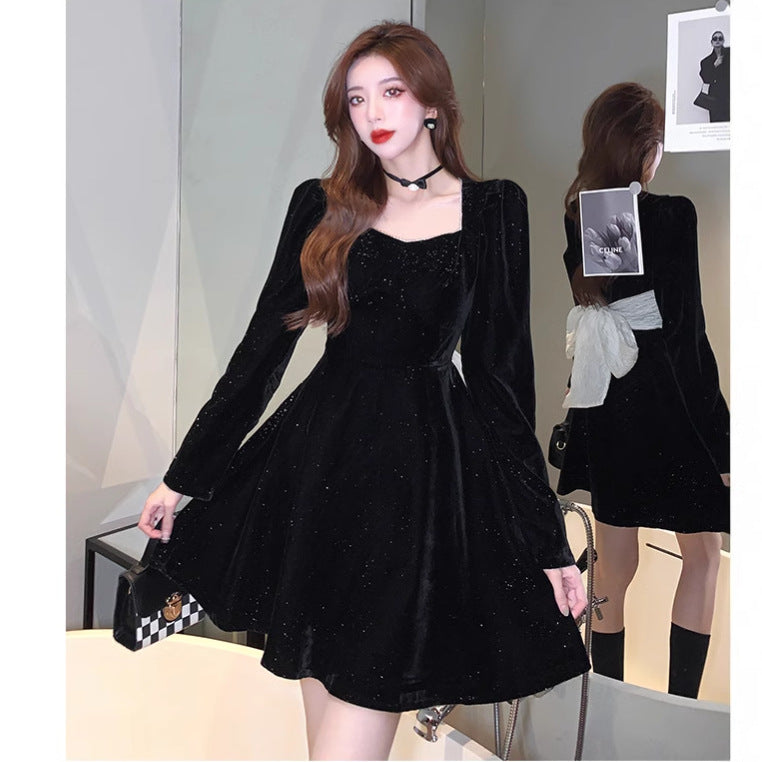 new year outfit Ankela Red Velvet Dress Women's Autumn and Winter with Overcoat Elegant Big Bow Christmas Banquet High-End Dress