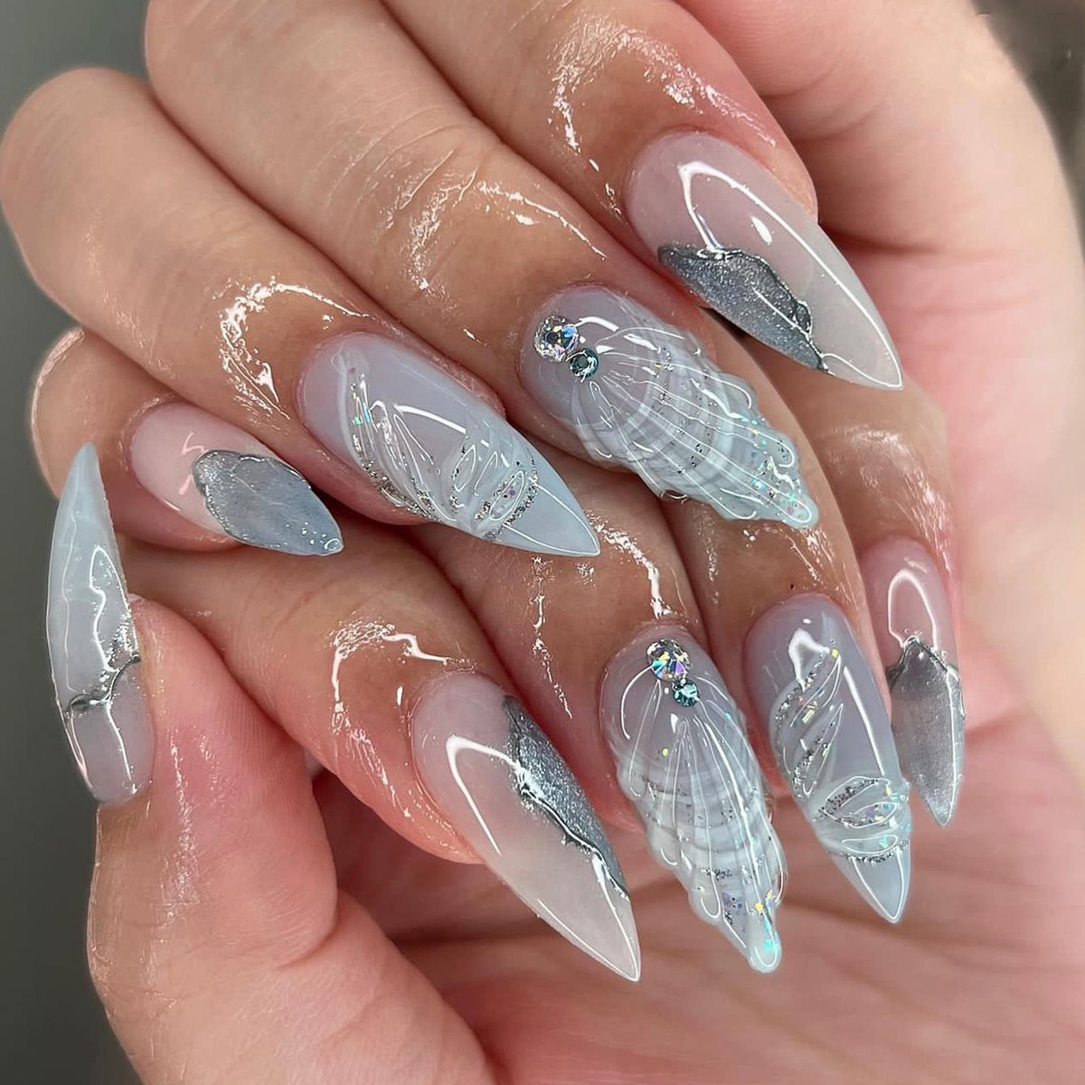 business casual outfits Wear Nail Polish Piece Finished Product Cold Color 3D Water Drop Shell Nail Art Almond Fake Nail