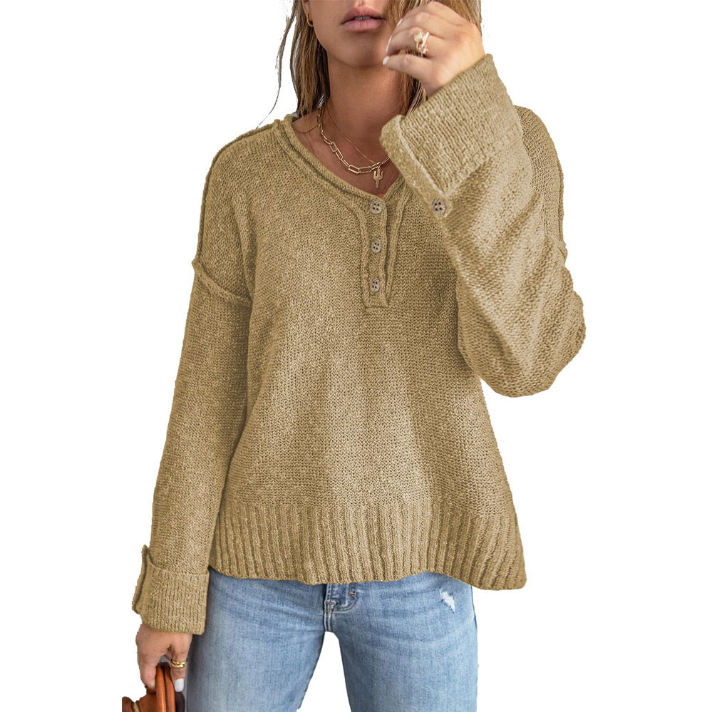 Women's Autumn and Winter Fashion New Loose Button Knitted off-Shoulder Sweater Women