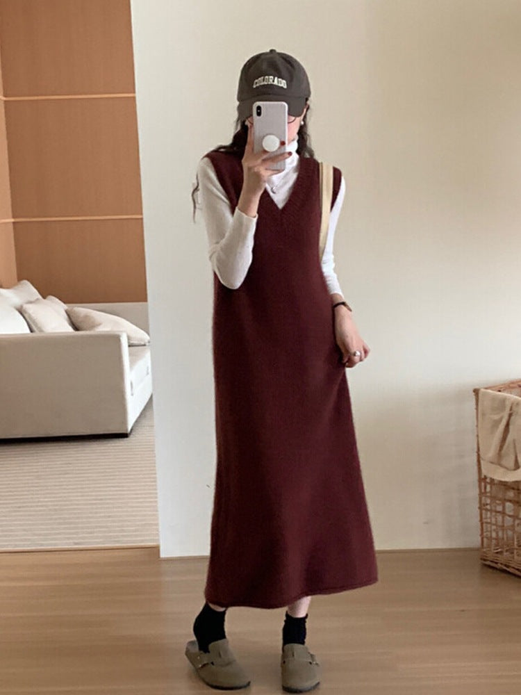 dress to impress outfits V-neck Long Vest Sleeveless Sweater Dress Women's Autumn and Winter Loose Belly Covering Temperament Mid-Length Knitted Skirt