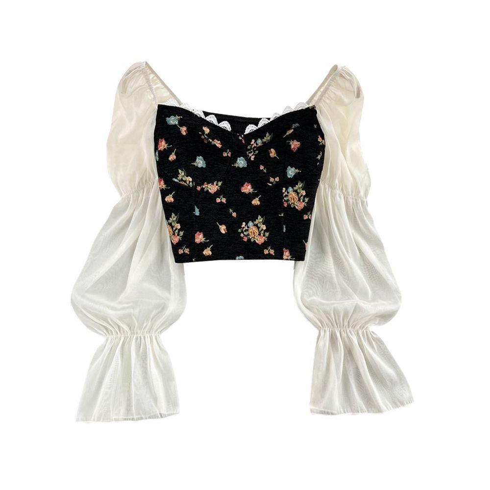 teacher outfits French Style Retro Elegant Embroidered Long Sleeve Square Collar Pullover Shirt Women's Slim Fit Western Style Short Outer Chiffon Shirt Top