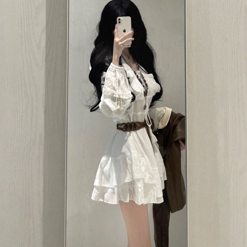 halloween costumes Small French Style White Short-Sleeved Dress Short Leather Coat Women's Sweet Summer Short Skirt Suit