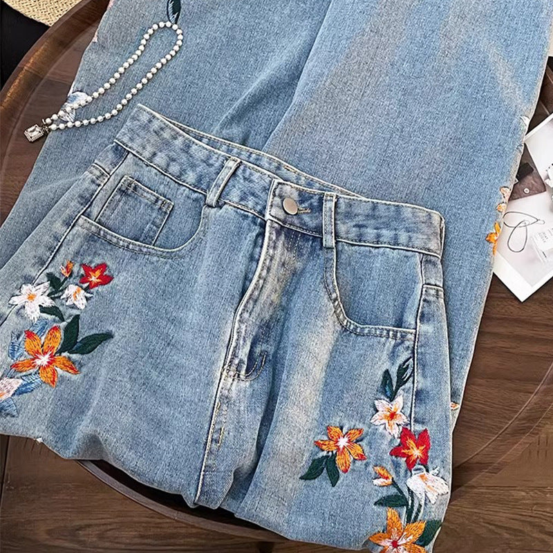 summer outfits inspo Spring New Embroidered Embroidered New Chinese Style Slimming Straight American Retro Jeans Women's Spring and Autumn Pants