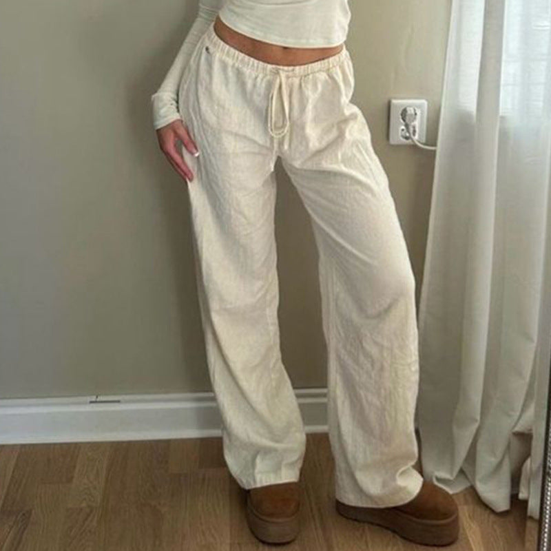Bxoxo Cotton Linen White Pants Basic Drawstring Low Waist Wide Leg Pants Casual Y2K Clothes For Summer Trousers
