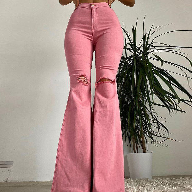 womens fashion Women's Jeans Mid-Waist Ripped Washed Wide-Leg Flared Jeans for Women