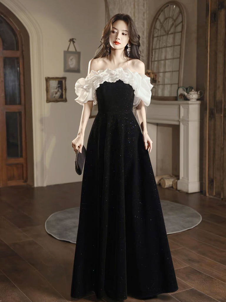 BXOXO A-Line Off Shoulder Velvet Black Long Prom Dress, Black Long Evening Dress