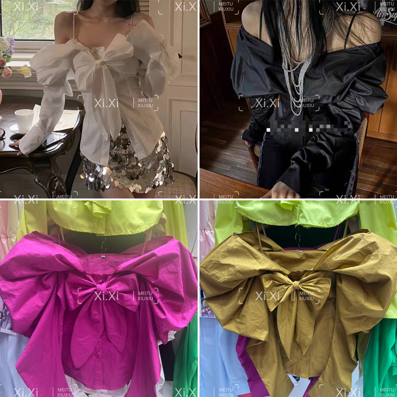 fall outfits Butterfly Shirt Wear off-Shoulder Bow Shirt