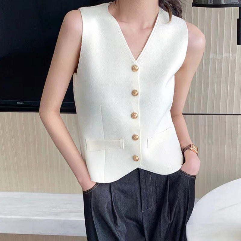 dress to impress outfits Retro V-neck Vest Commuter Summer New Cardigan Fashion Women's French Sleeveless Knitted Bottoming Shirt Top